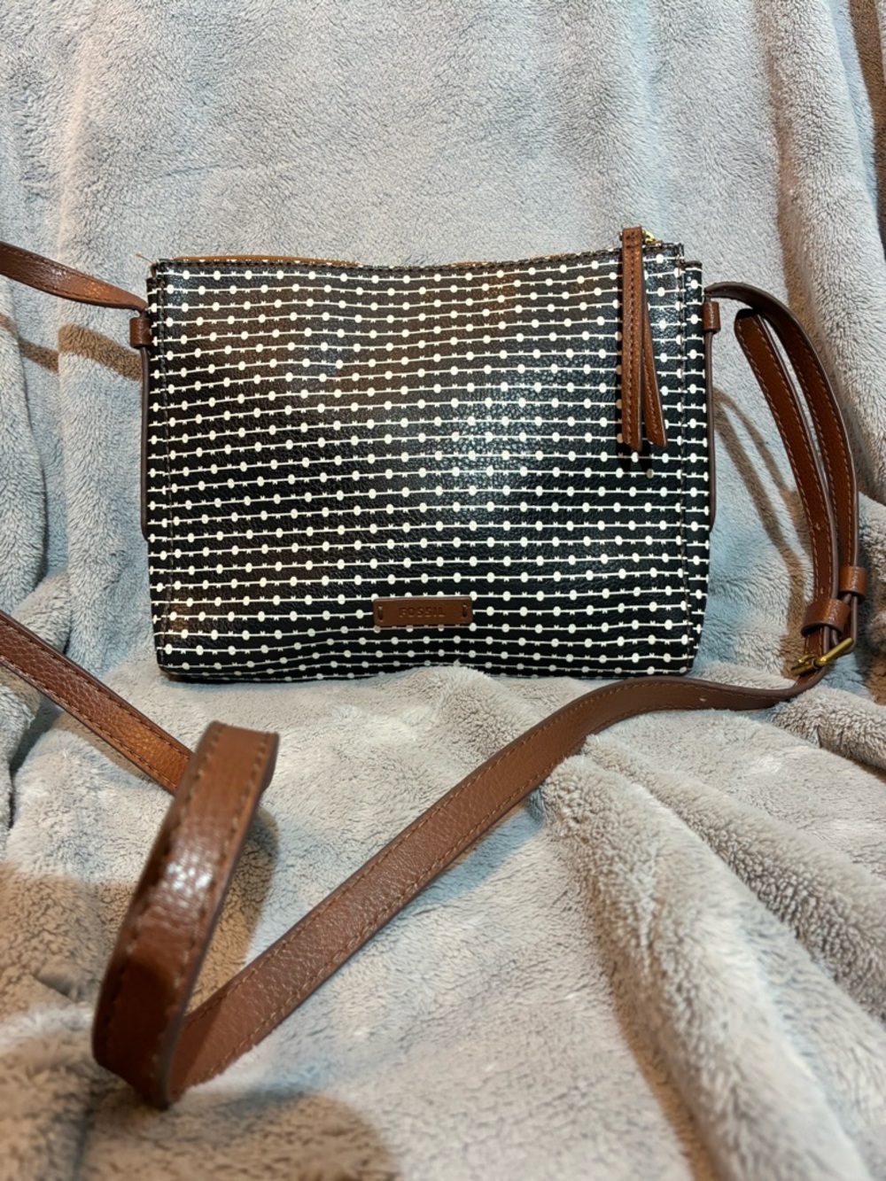 Fossil Black & White Dot-Striped Crossbody with Brown Trim
